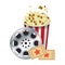 Pop corn bowl with film reel and movie tickets