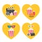 Pop corn icon heart set. Movie reel. 3D glasses. Open clapper board Popcorn box package Ticket Admit one. Three star. Hamburger