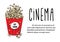 Pop corn in large red paper box. Cinema box with fresh snack. Sketch cartoon illustration. Advertising flyer