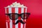 Pop-corn is not for trailers! Cropped closeup photo of cool comic joking with serious facial expression handsome with xmas mood