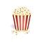 Pop corn in red and yellow basket with stripes on white background