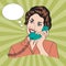 Popart comic retro woman talking by phone