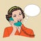 Popart comic retro woman talking by phone