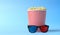 Popcorn and 3D glasses on a blue background. Minimalist creative concept. Cinema, movie, entertainment concept. 3d render illustra