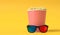 Popcorn and 3D glasses on a yellow background. Minimalist creative concept. Cinema, movie, entertainment concept. 3d render illust