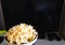 Popcorn bowl and blank Smart TV