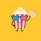 Popcorn box in 3D glasses. Character with face, legs and hand holding ticket. Cinema icon Flat design style.