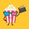 Popcorn box in 3D glasses. Character with face, legs and hands. Clapper board. Cinema icon Flat design style.