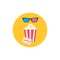 Popcorn box, 3D glasses and ticket. Cinema Movie round icon in flat dsign style.