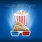 Popcorn box, cinema tickets and 3d glasses - movie premiere, first opening night