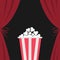 Popcorn box. Open luxury red silk stage theatre curtain. Velvet scarlet curtains with bow. Fast food. Flat design. Movie cinema pr