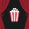 Popcorn box. Open luxury red silk stage theatre curtain. Velvet scarlet curtains with bow. Fast food. Flat design. Movie night cin