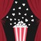 Popcorn box popping. Open luxury red silk stage theatre curtain. Velvet scarlet curtains with bow. Fast food. Flat design. Movie c