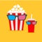 Popcorn box and soda glass Characters in 3D glasses. Cinema icon Flat design style.