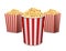 Popcorn bucket isolated. Full and empty pop corn box for cinema. Delicious salty snack food