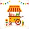 Popcorn cart carnival store and festival popcorn cart.cartoon. Candy corn container seller cart. Popcorn cart snack food