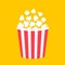 Popcorn. Cinema movie night icon. Big size white red strip box. Pop corn food. Flat design style. Yellow background. Isolated