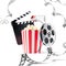 Popcorn, clap movie and film reel. 3d rendering
