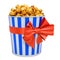 Popcorn Container with red bow and ribbon, gift concept. 3D rendering