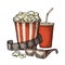 Popcorn, cup for beverages with straw, film strip and 3D glasses for cinema.