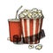 Popcorn, cup for beverages with straw, film strip and 3D glasses for cinema.