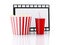 Popcorn, drink and film reel. 3d illustration