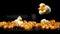 Popcorn explodes in a pan with a splash of oil. Filmed on a high-speed camera at 1000 fps.