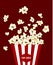 Popcorn exploding inside the red white striped packaging. Vector cinema food. Container with overflowing maize