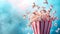 popcorn exploding out of a classic red and white striped popcorn box, with a dreamy pastel blue and pink cloud