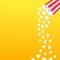 Popcorn falling from round box. Movie Cinema icon in flat design style. Pop corn raining down in the air. Yellow gradient backgrou