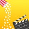 Popcorn falling from round box. Open clapper board. Movie Cinema icon Flat design style. Pop corn raining down in the air. Yellow