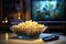 Popcorn filled glass bowl beside a working TV, creating a cozy evening