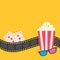 Popcorn. Film strip border. 3D glasses. Tickets. Red striped box. Cinema movie night