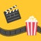 Popcorn. Film strip border. Open movie clapper board icon. Red yellow box. Cinema movie night icon in flat design style.