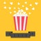 Popcorn. Film strip ribbon line. Red yellow box. Cinema movie night icon in flat design style.