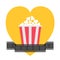 Popcorn. Film strip ribbon line. Red yellow box. Heart shape. I love movie cinema night icon in flat design style. Yellow