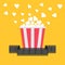 Popcorn. Film strip ribbon. Red yellow box. Cinema movie night icon in flat design style.