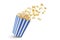 Popcorn flying out of blue white striped paper box, isolated on white background