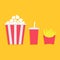 Popcorn. French fries potato in a paper wrapper box. Soda drink glass with straw. Fried potatoes. Movie Cinema icon set. Fast food