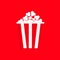 Popcorn icon. Cinema movie night. Big size strip box. Pop corn food. Cute package. Flat design style. Isolated. Red background