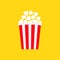 Popcorn icon. Cinema movie night. Big size white red strip box. Pop corn food. Cute movie cinema banner decoration template. Flat