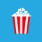 Popcorn icon. Cinema movie night icon. Big size white red strip box. Pop corn food. Flat design style. Blue background. Isolated