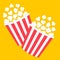 Popcorn icon set. Cinema movie night icon. Two big size strip box package. Pop corn food. Red white text. Flat design style.
