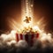 A popcorn kernel popping in mid-air, surrounded by a cloud of fluffy popcorn, showcasing the joy of movie nights.