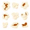 Popcorn kernels. Cartoon roasted sweetcorn vector isolated signs