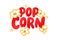 POPCORN logo. Popcorn text with pop corn snack icon. Vector illustration popcorn sign