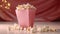 Popcorn for movie, cinema. Popcorn in pink bucket isolated on cinema background. Banner pop corn salty cheese food snack mockup.