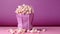 Popcorn for movie, cinema. Popcorn in pink bucket isolated on purple background. Banner pop corn salty cheese food snack mockup.