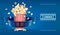 Popcorn for movie theater and cinema reel on blue background