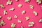 Popcorn pattern on red background on top view Sweet butter popcorn